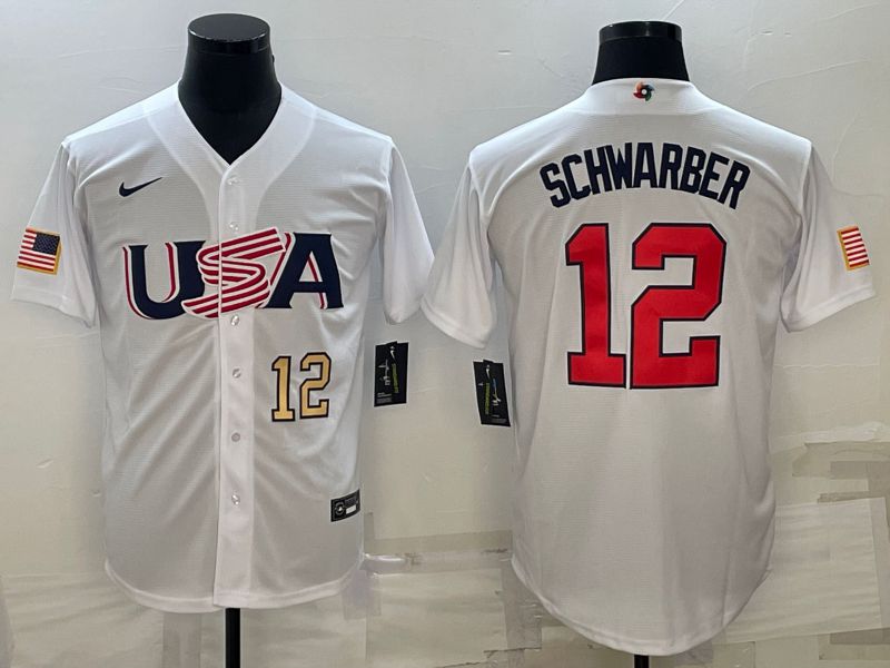Men 2023 World Cub USA #12 Schwarber White Nike MLB Jersey2